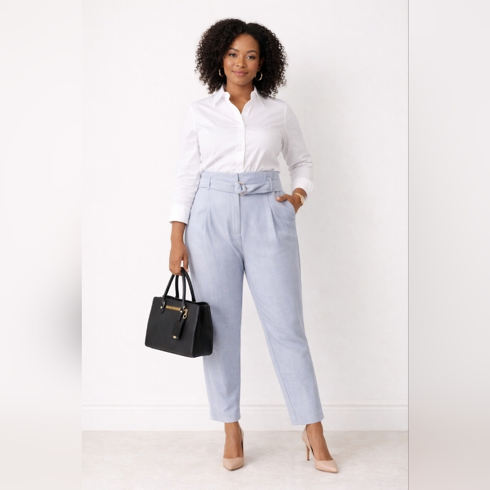 Bar III 16W Paperbag Waist Pants Moonstone Blue Gray Pleated Crepe High Rise - Picture 4 of 10